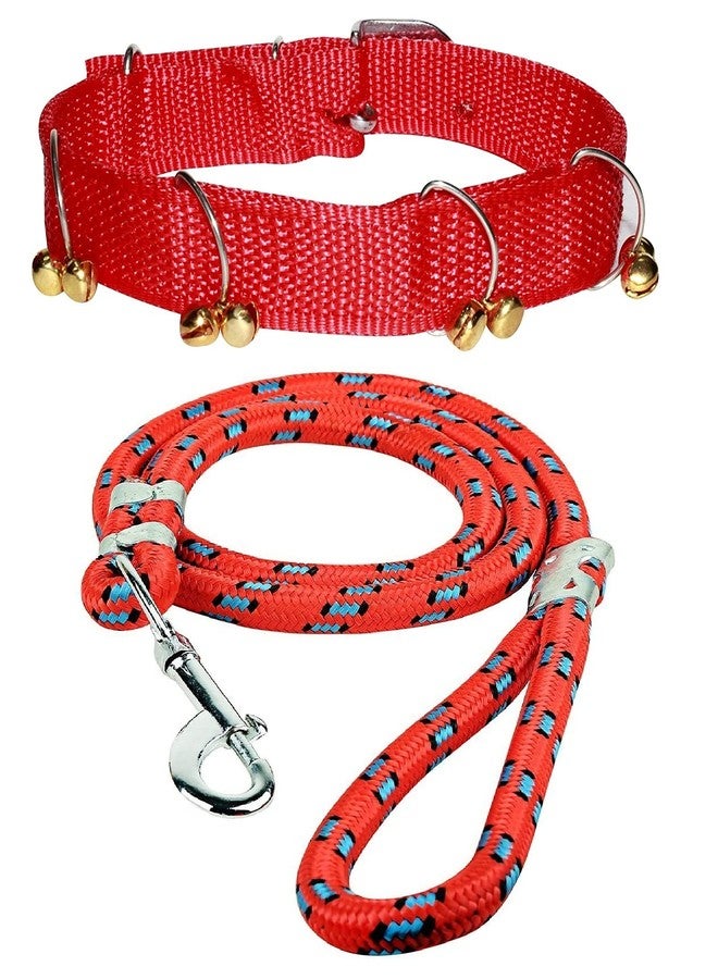 THE DDS STORE Dog Belt Combo of Ghungroo Collar with Lead 1.5m Lengthy Dog 1.inch Collar & Leash Best for Small to Medium Breed Dogs, Puppies (RED, Printed Leash & Plain Collar) - Image 1